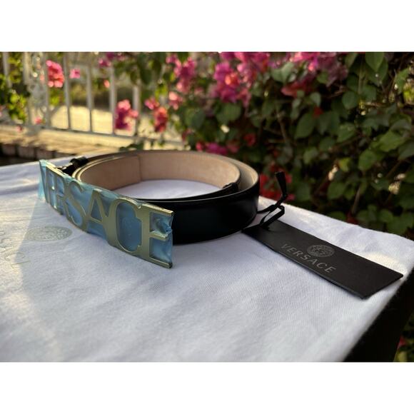 Versace Spell Out Buckle Leather Belt Black Sz 95 38 main image 5